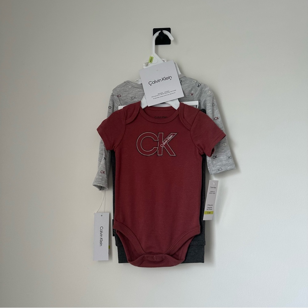 Calvin Klein Maroon and Gray Baby Bodysuit Set